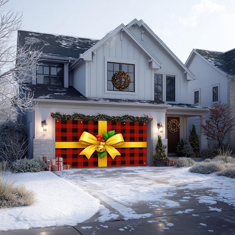 IVN Christmas Garage Door Banner 6x13 ft Buffalo Plaid Gift Wrap with Gold Bow and Bells Backdrop Decorative Holiday Christmas Garage Door Cover Mural Winter Scene Photo Backdrop - Image 2